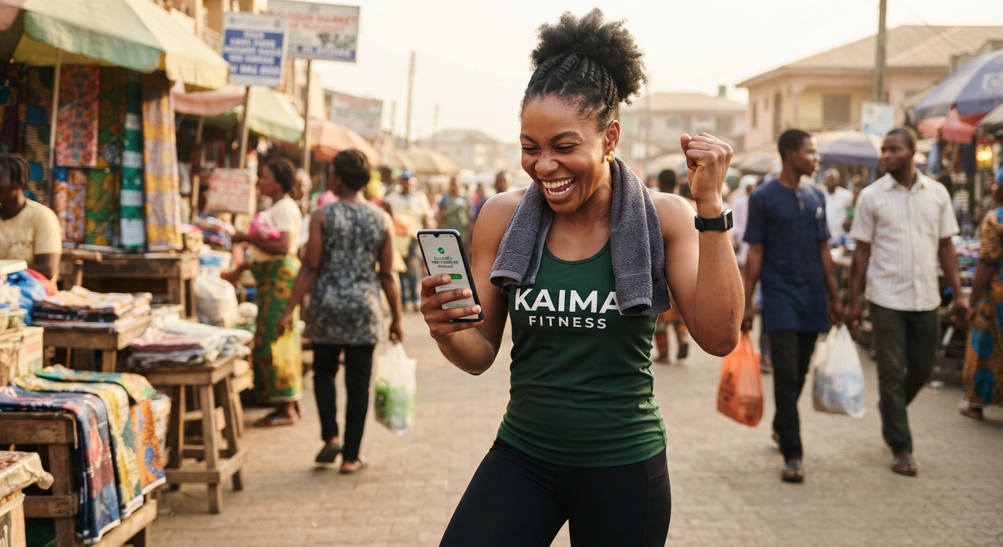 A jubilant Nigerian fitness trainer celebrating a successful transaction