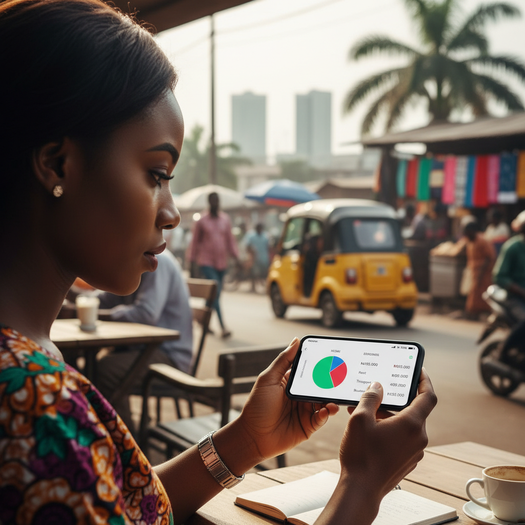 A close-up of a smartphone displaying a budgeting app with income and expense charts, held by a Nigerian person.