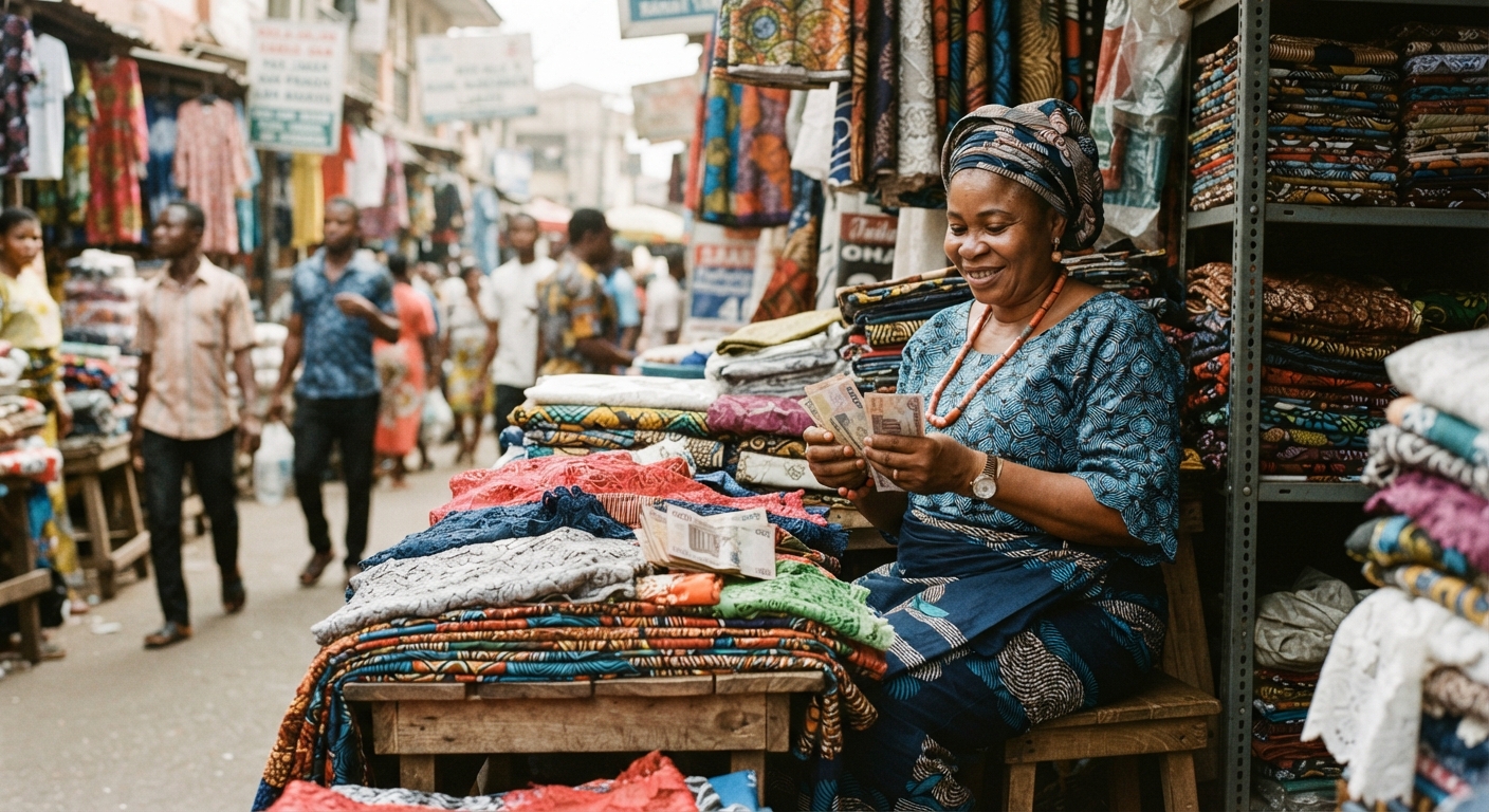 Nigerian woman counting naira bills at her stall