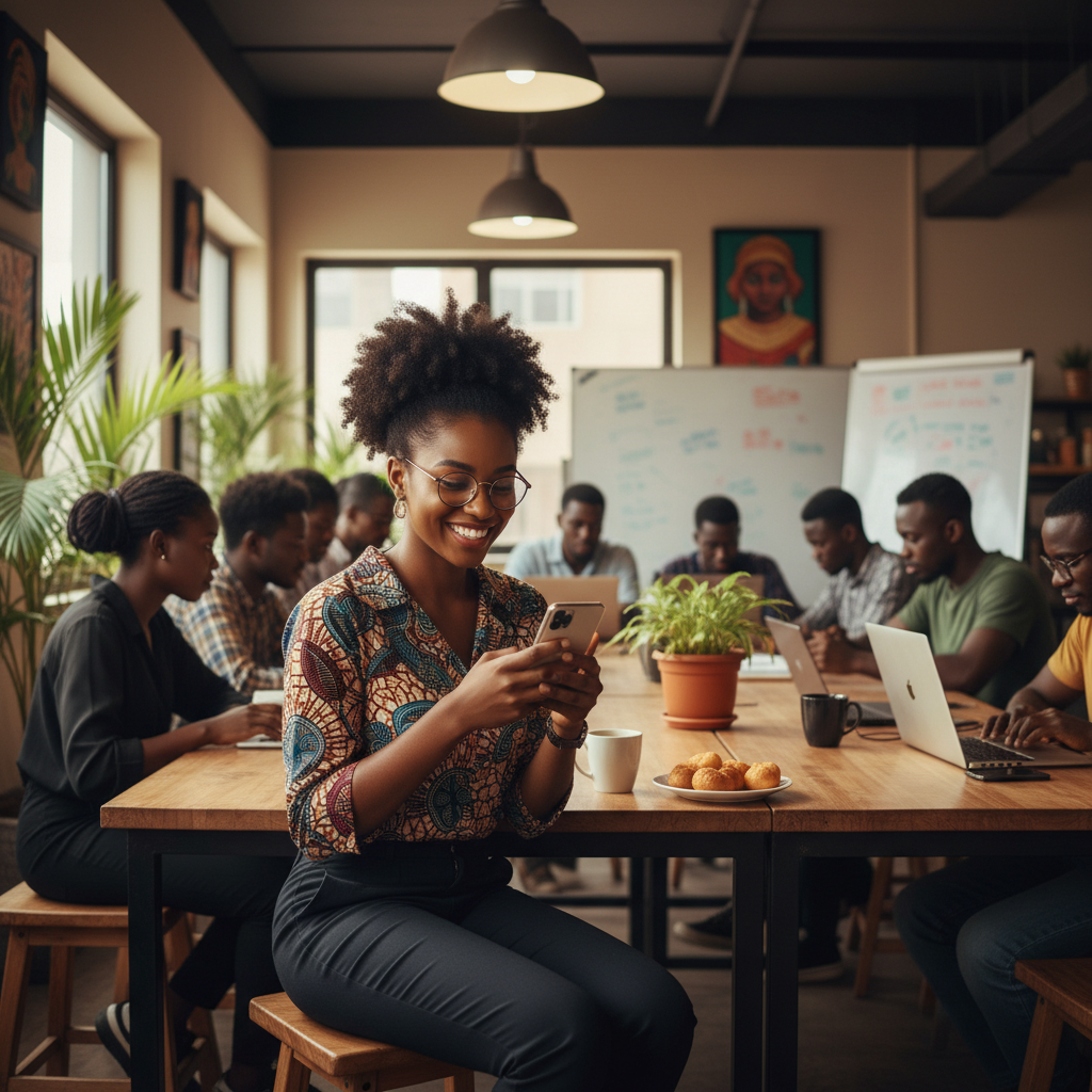 A young Nigerian woman smiling as she sees her investment returns on her smartphone.