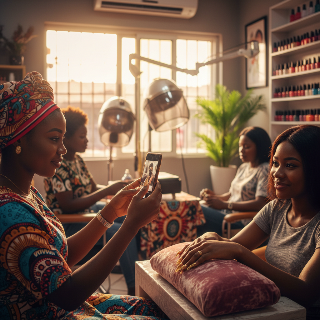A Nigerian nail artist photographing a client's freshly done acrylic nails for her portfolio.
