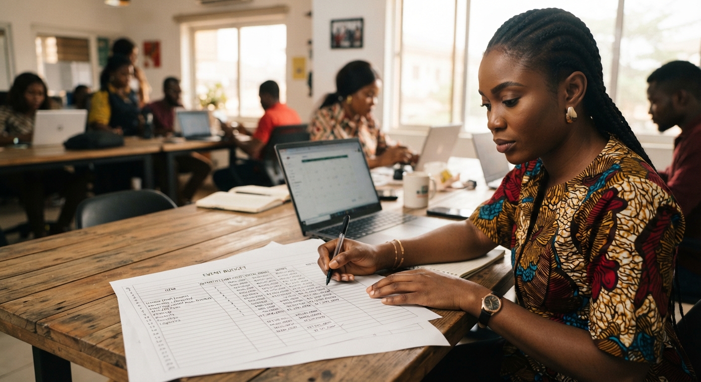 Event planner reviewing a budget spreadsheet with cost breakdowns