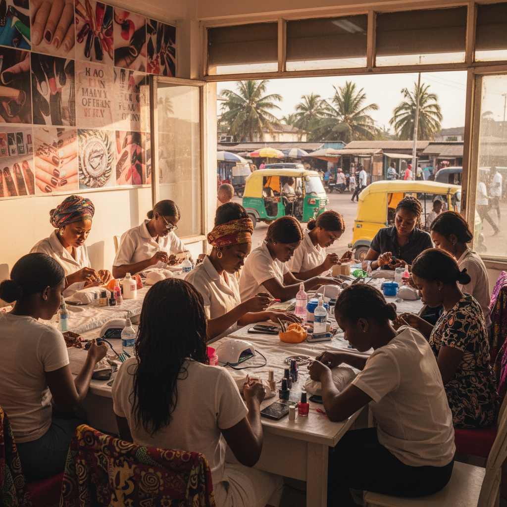 A group of Nigerian students in a nail technician training class learning application techniques.