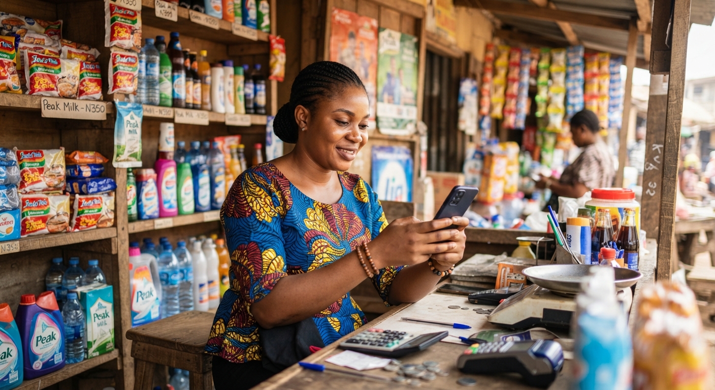 Nigerian shop owner checking phone behind counter
