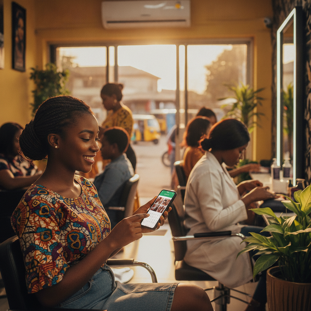 A Nigerian woman happily booking her nail appointment on the TrustAm app.
