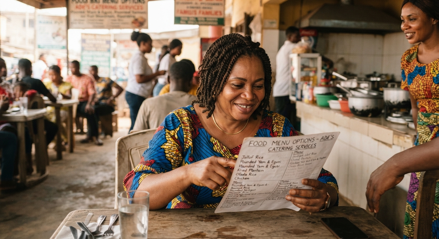 A woman in Ibadan carefully reviewing a catering menu and price list