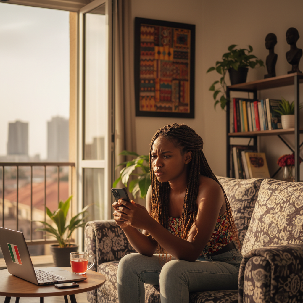A young Nigerian woman sitting on her couch in Lagos, looking annoyed at her smartphone.