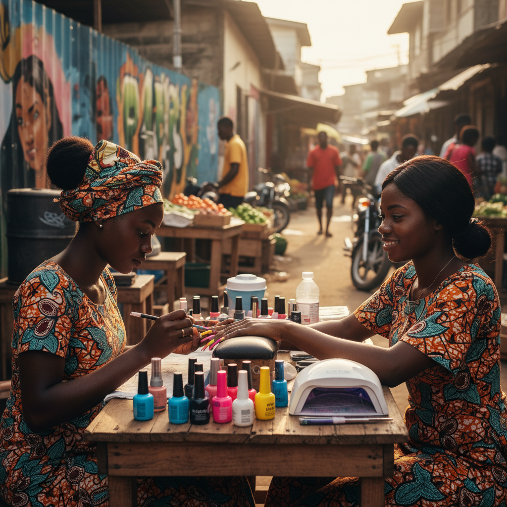 A skilled nail technician painting a client's nails with vibrant gel polish.