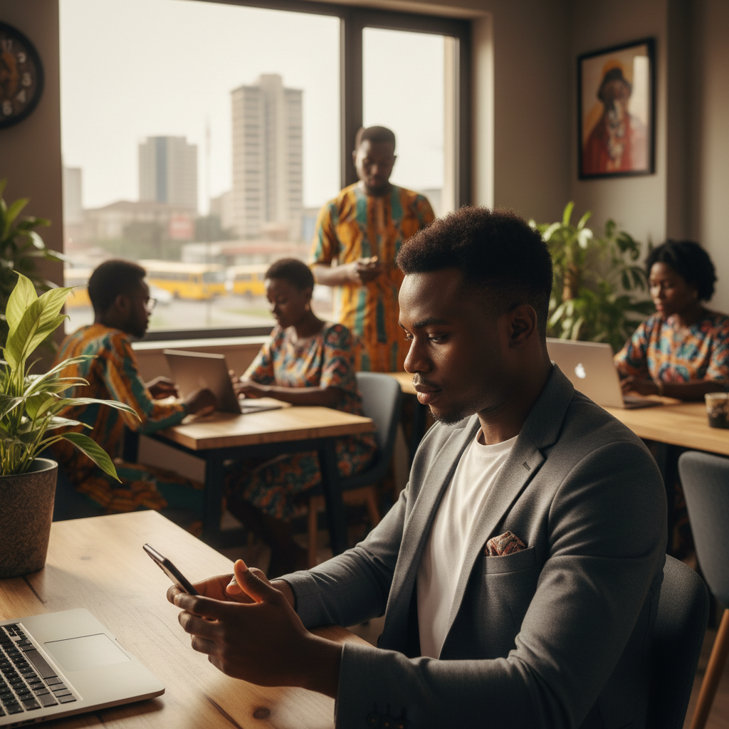 A young Nigerian professional looks concerned while checking her finances on a smartphone in an office setting.