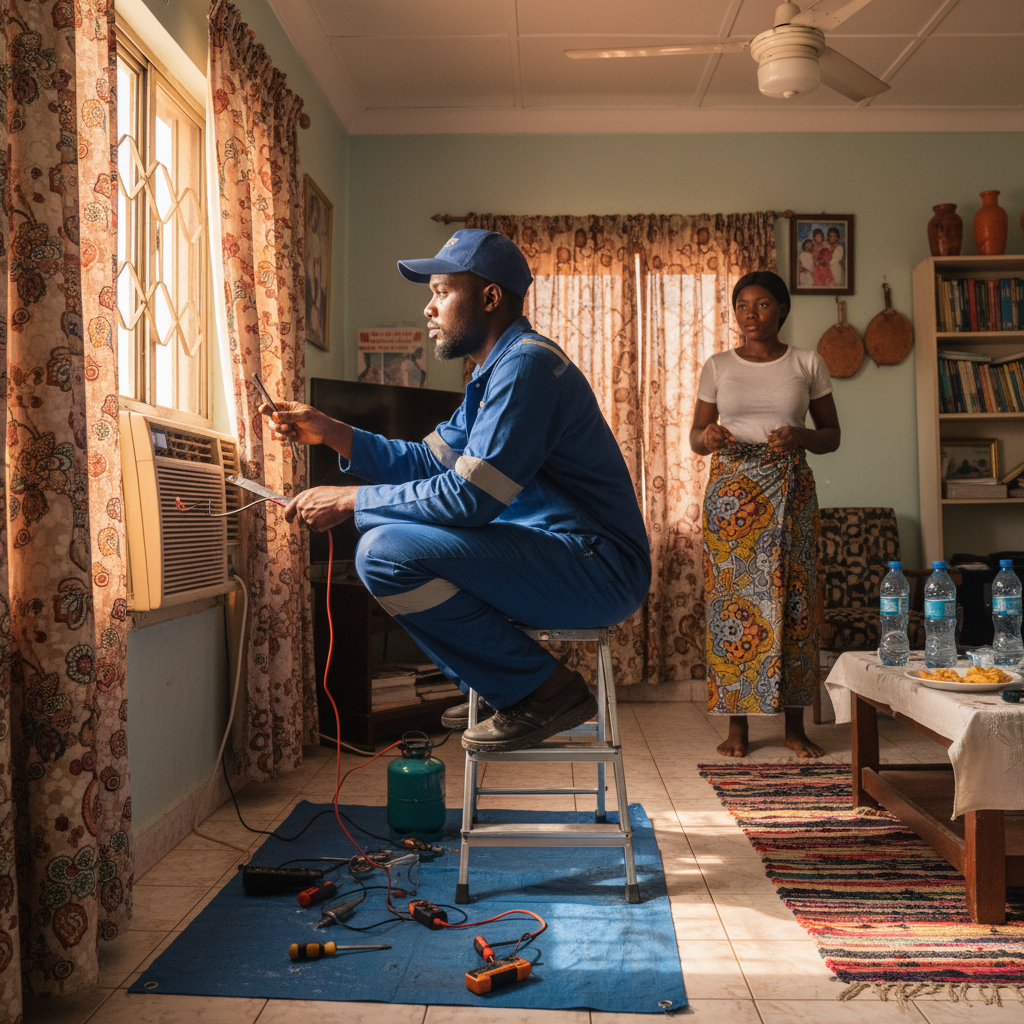 A verified technician in Kano working on an AC unit.