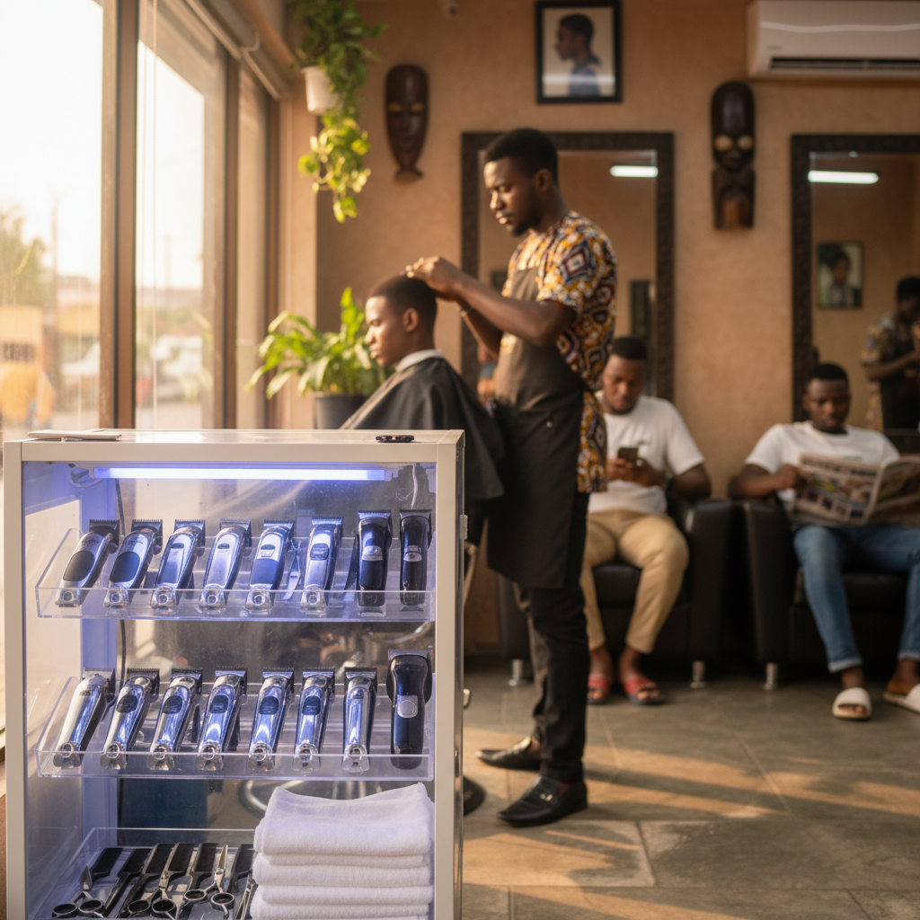 A collection of barber combs and tools being sanitized in a UV sterilizer.
