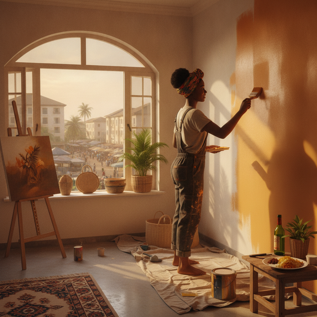 A professional Nigerian house painter carefully painting a living room wall white.