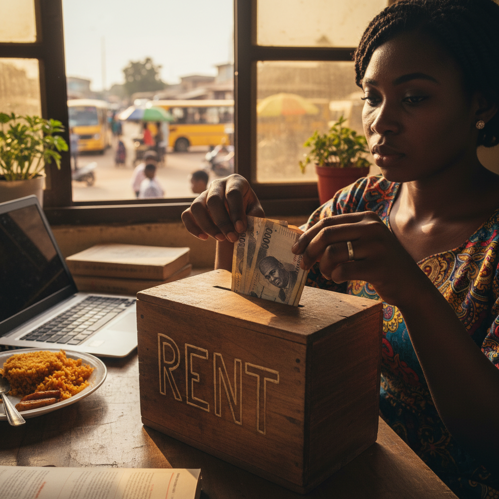 Saving naira notes specifically for rent advance payment.