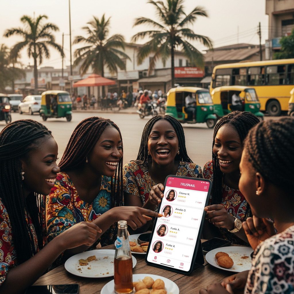 A smartphone screen showing the TrustAm app with a list of verified nail technicians in Lagos, including their ratings and services.