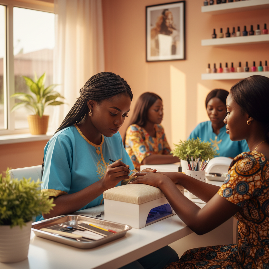 A skilled Nigerian nail technician focusing on applying an acrylic extension to a client's nail.