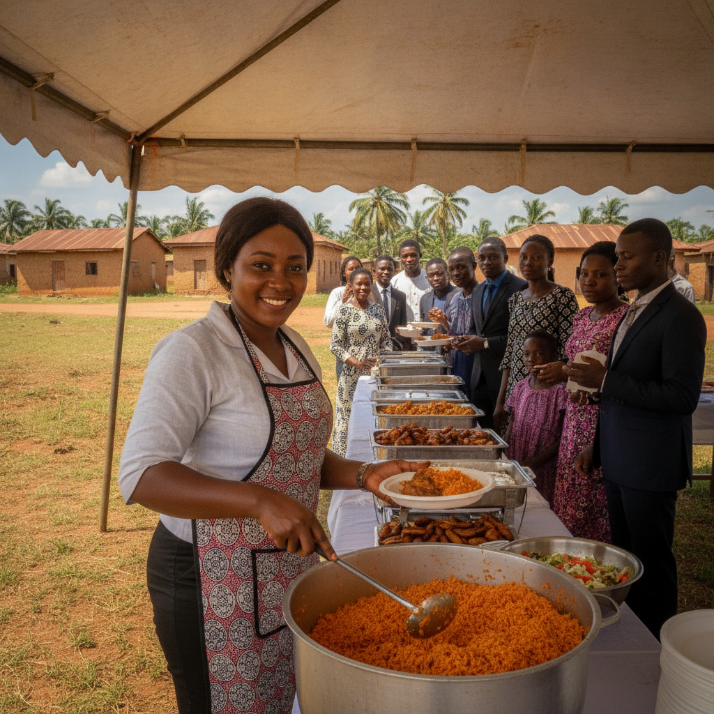 A buffet table with Nigerian dishes like jollof rice, fried plantain, and chicken.