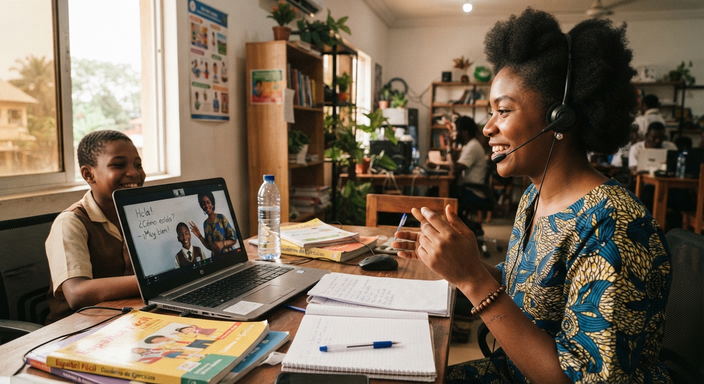 Young Nigerian woman teaching Spanish to a student online in Asaba