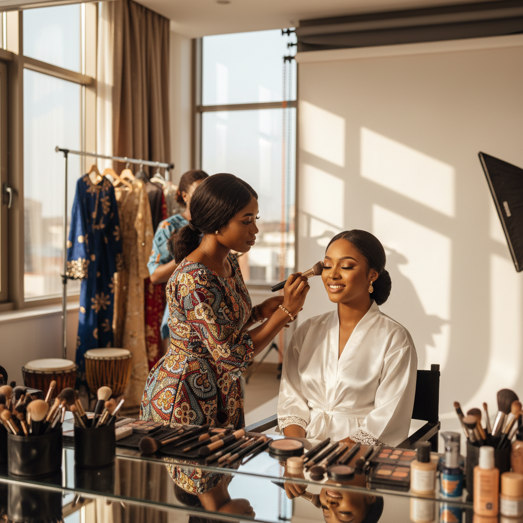 A Nigerian makeup artist carefully applying foundation to a bride's face.