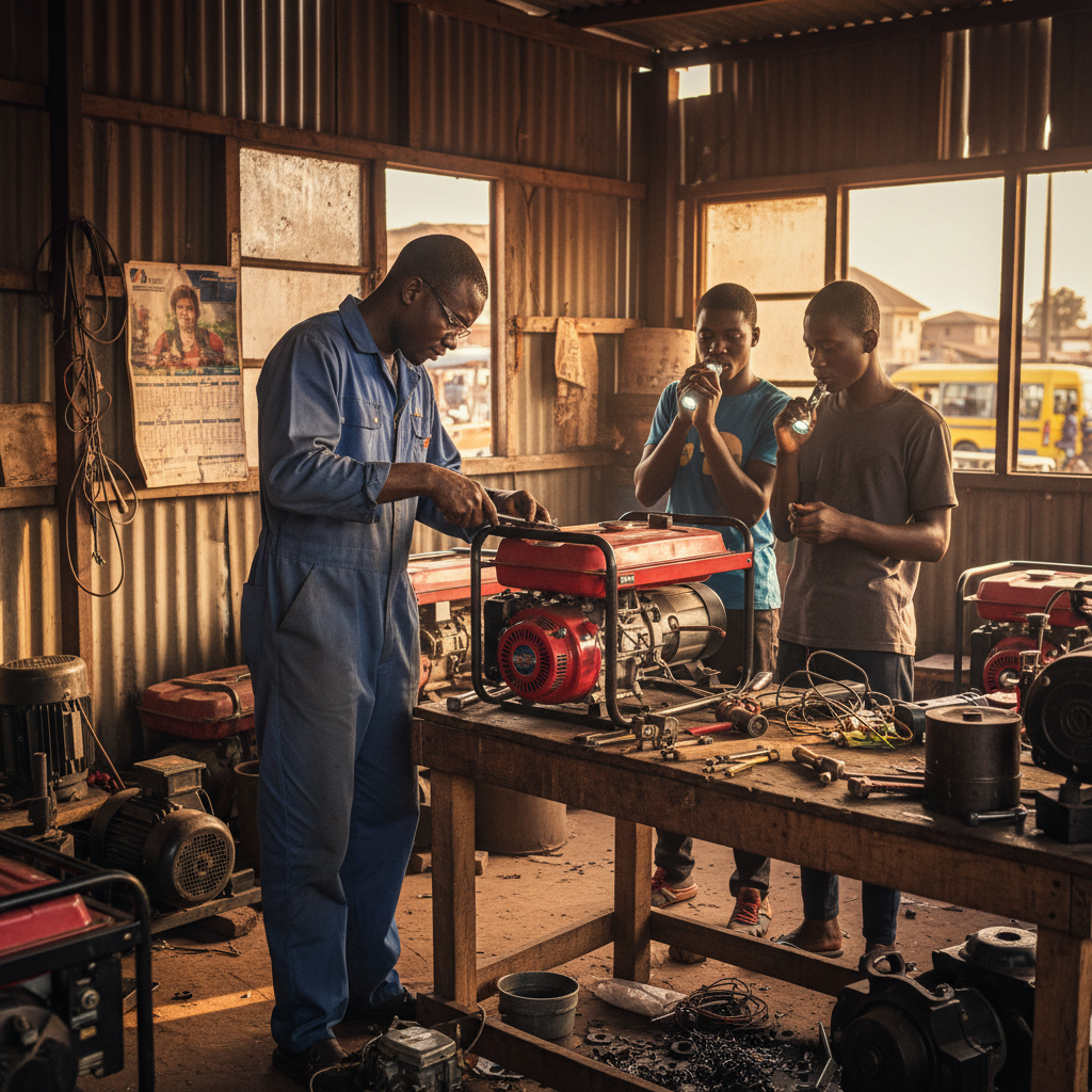 A Nigerian generator technician carefully inspecting the engine of a generator.