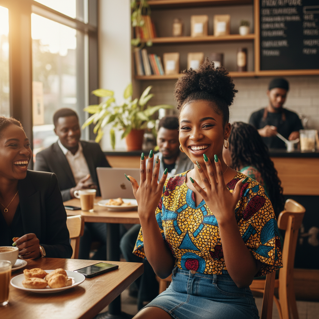 A young Nigerian woman in Lagos smiling and displaying her freshly done manicure.