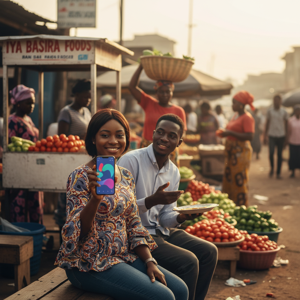 A Nigerian woman in Lagos using the TrustAm app on her smartphone to book a verified service provider.