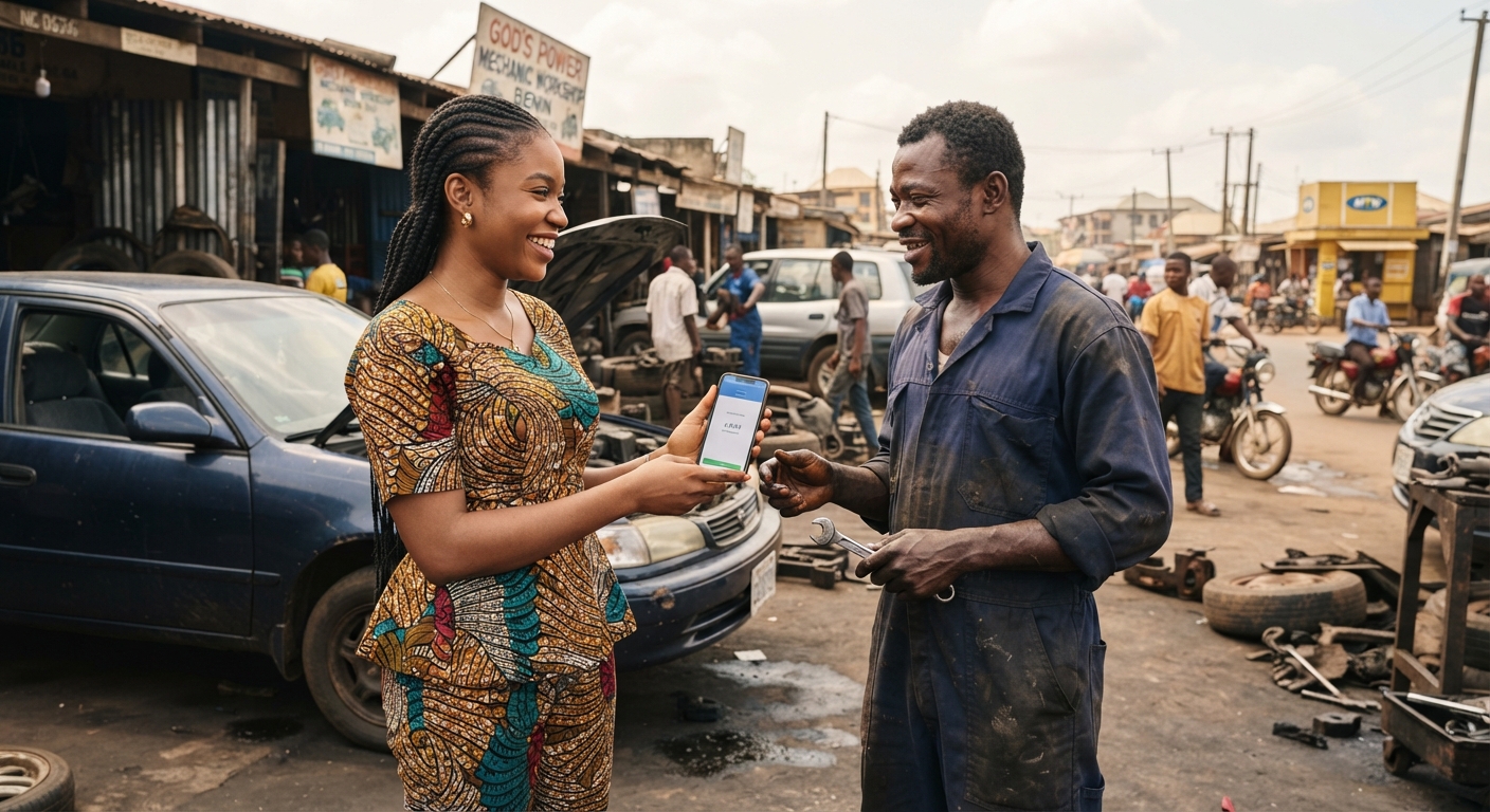 A woman in Benin City uses her phone to make a secure payment to a mechanic