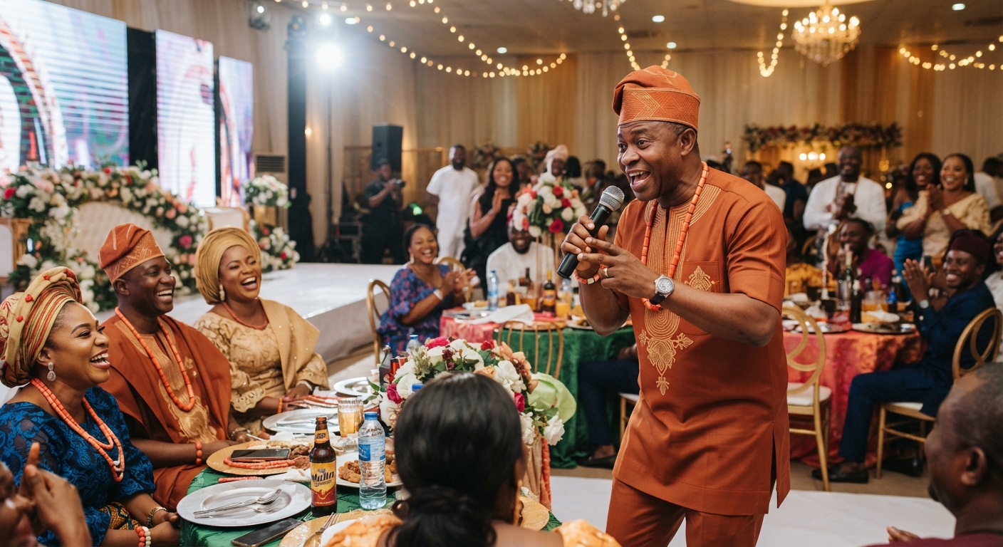 MC interacting with guests at a Nigerian wedding