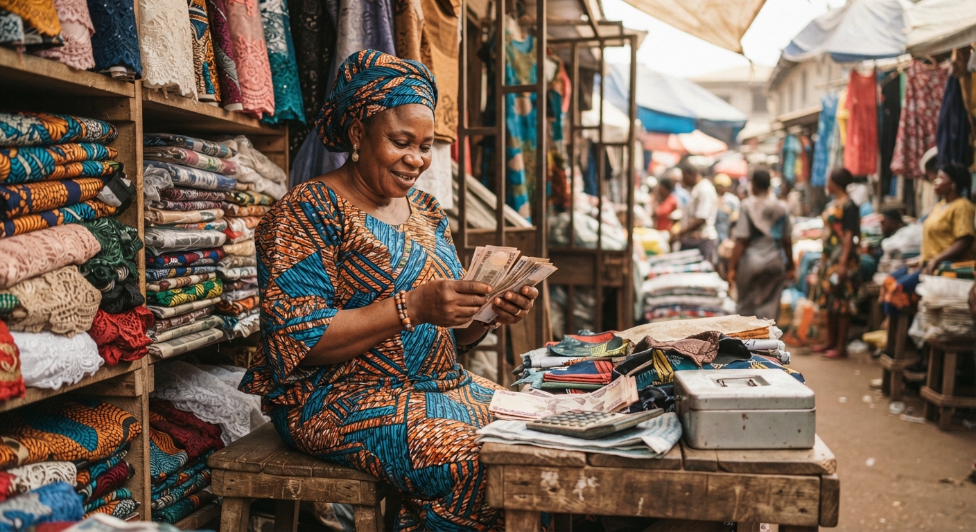 Nigerian woman trader counting naira at fabric stall