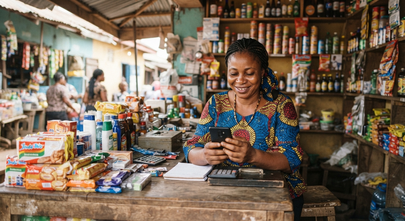 Nigerian shop owner checking phone behind counter
