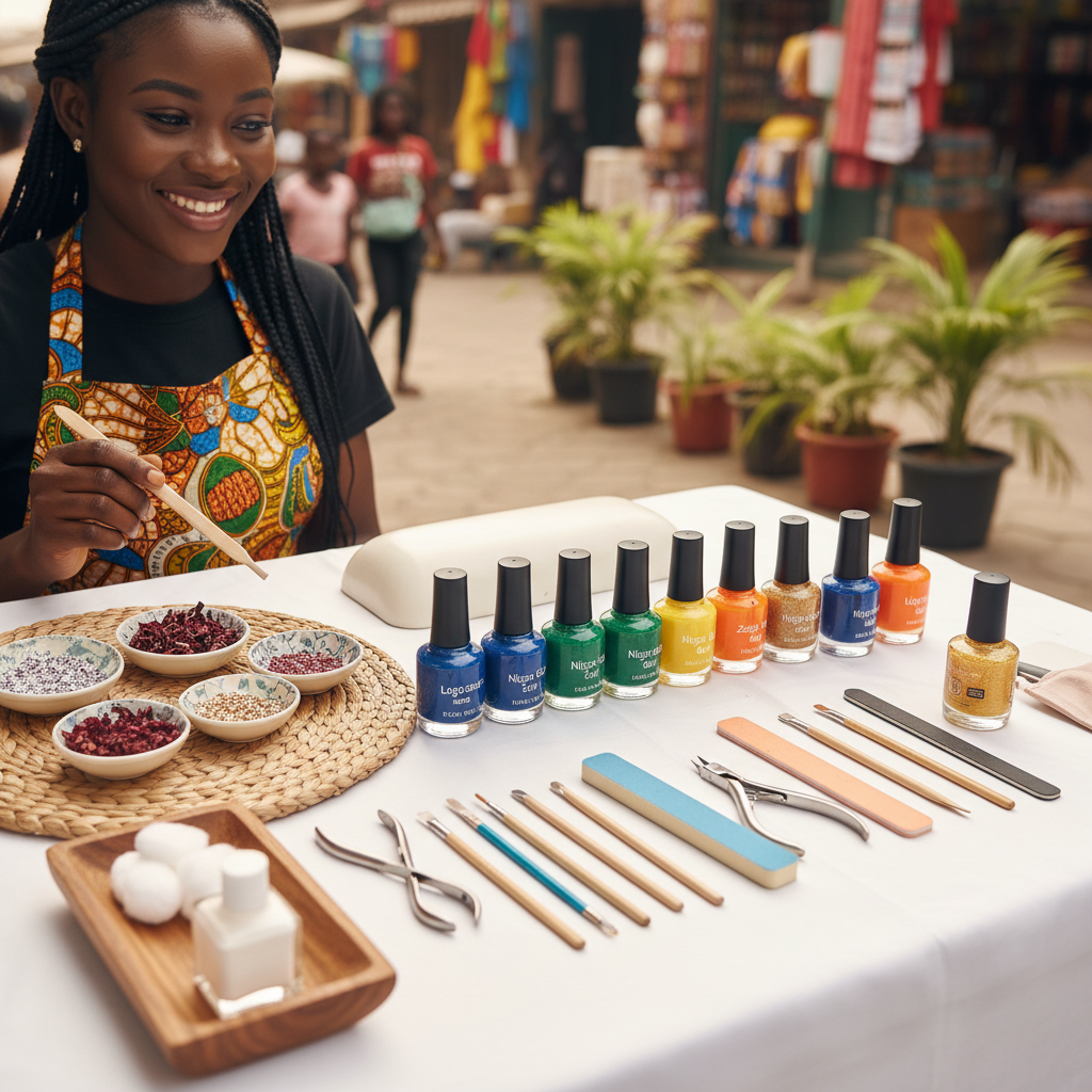 A collection of nail technician tools including polishes, files, and a UV lamp.