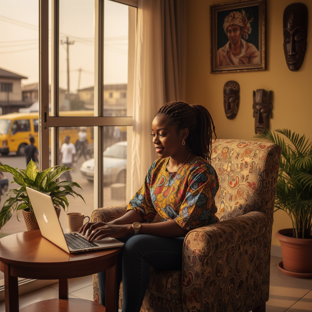 A young Nigerian professional working on a laptop from their home office.
