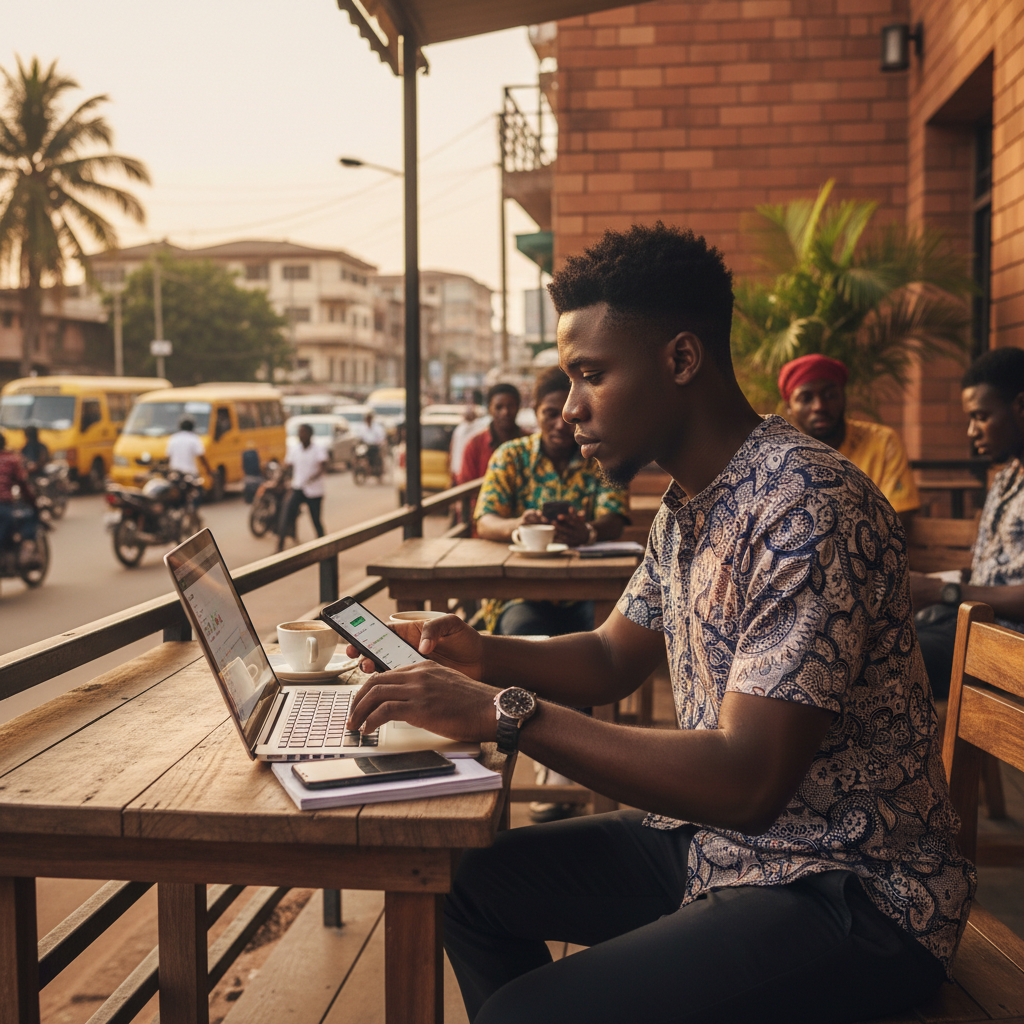 A young Nigerian professional analyzing their budget on a smartphone with a laptop in the background.