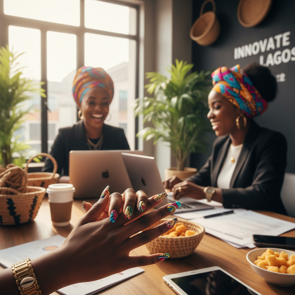 A close-up shot of a Nigerian woman's hands showcasing an intricate and colourful nail art design with glitter and gems.