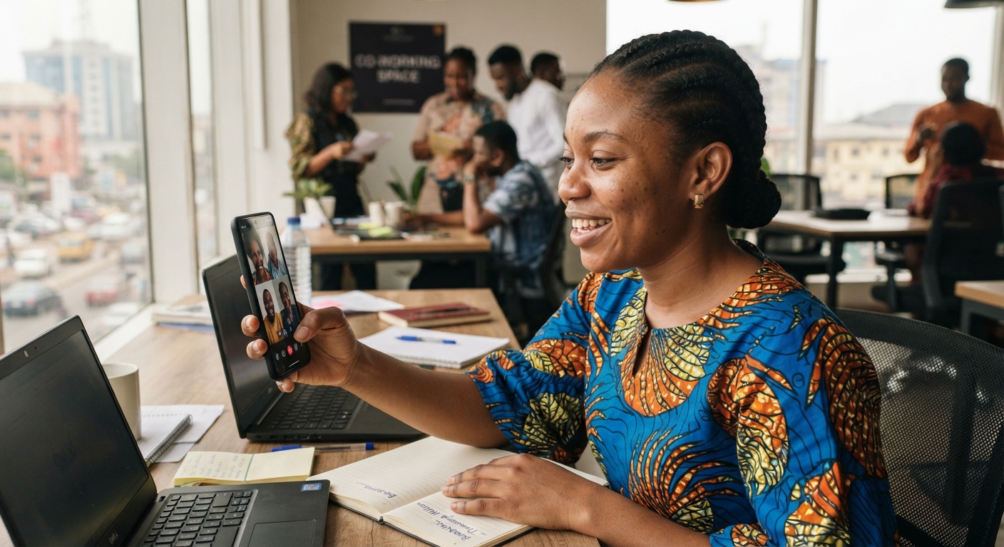 A Nigerian woman smiles while communicating with clients on her smartphone, likely managing bookings.