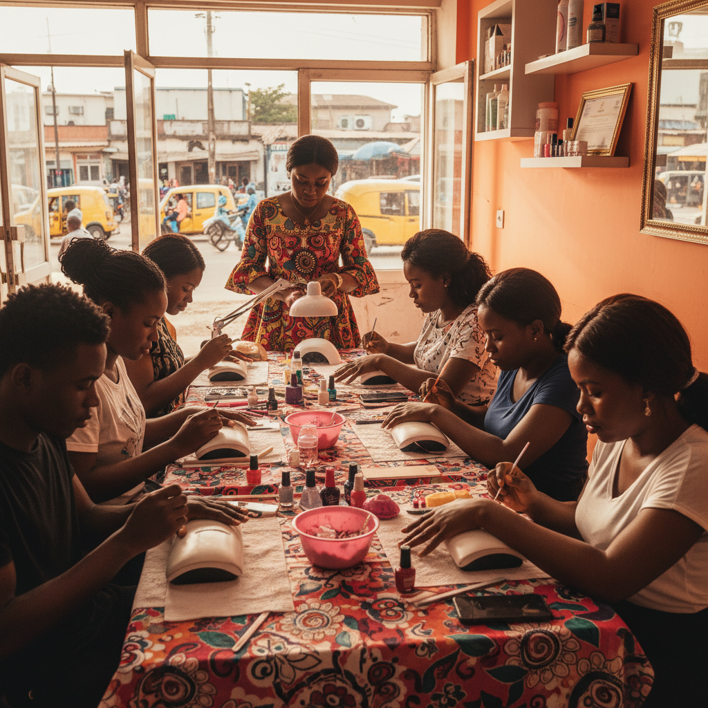 A group of students learning nail application techniques in a Nigerian beauty academy.