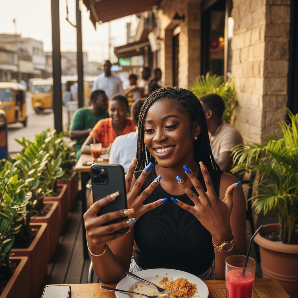 A young Nigerian woman holding up her phone to photograph her intricate nail art.