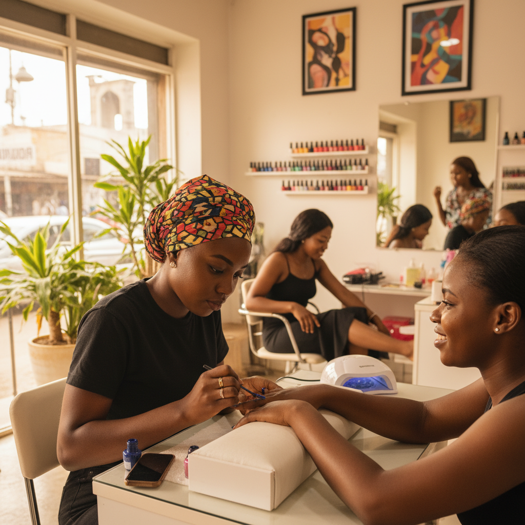 A professional nail technician applying gel polish to a client's nails in a neat salon in Lagos.