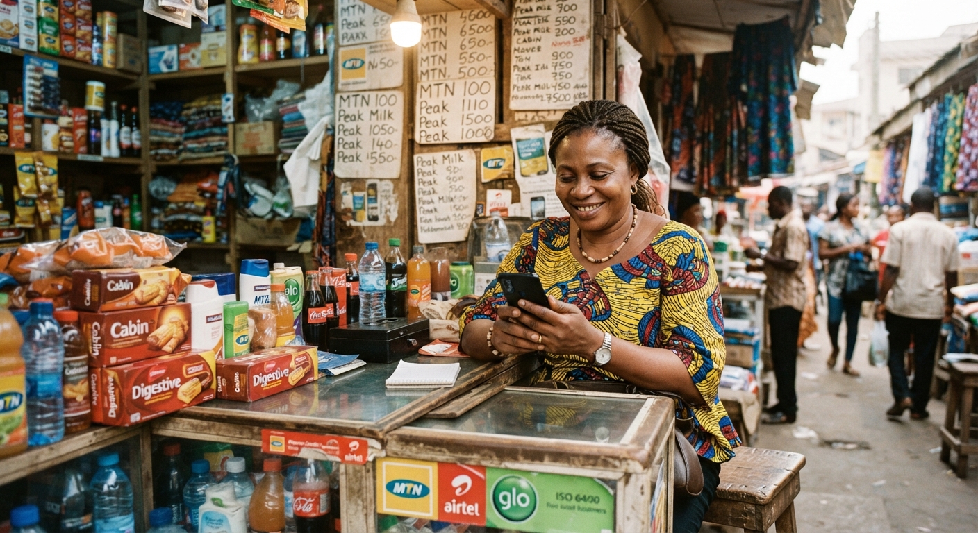 Nigerian shop owner checking phone behind counter
