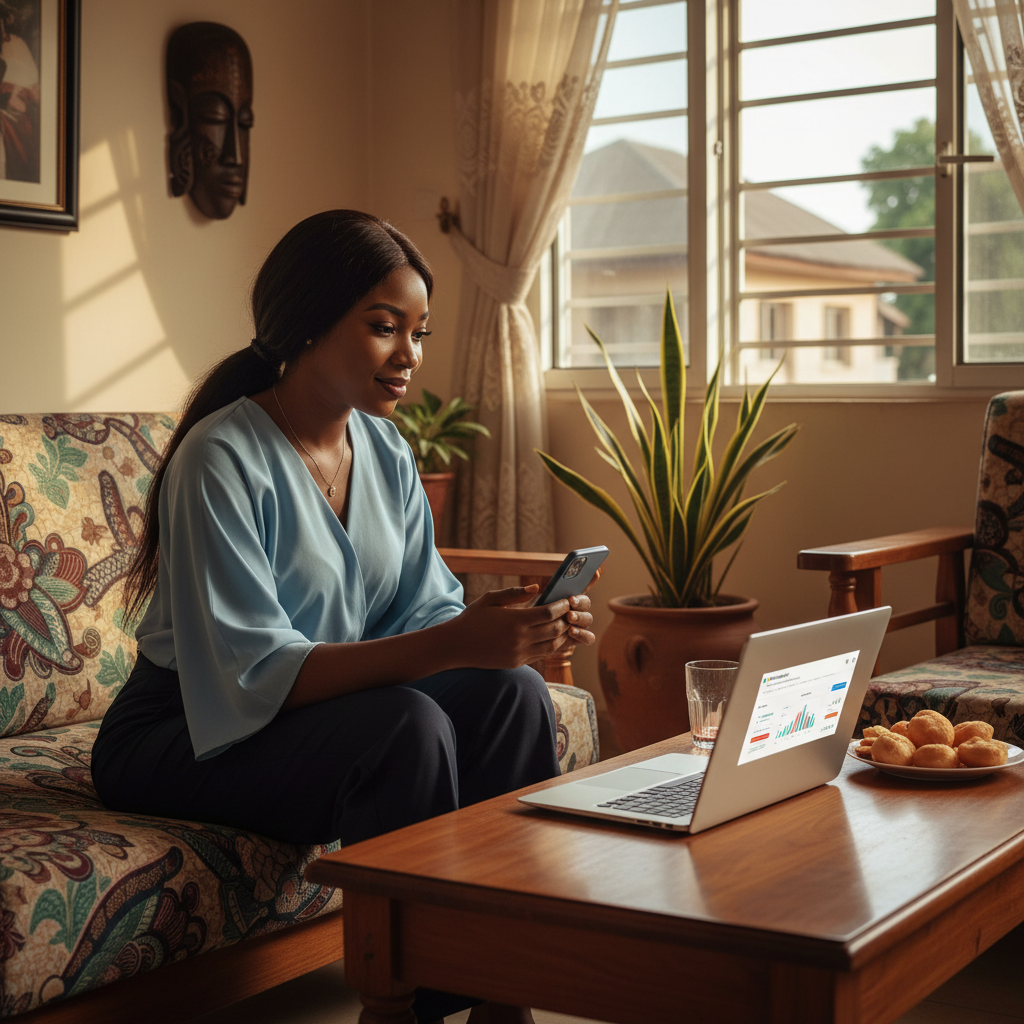 A Nigerian woman sitting at her desk at home, using her laptop and phone to manage her dollar investments online.