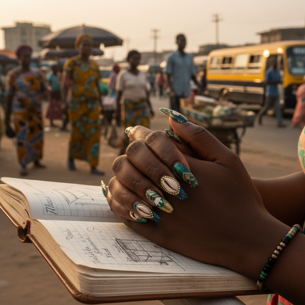 Detailed nail art with gems and patterns on a Nigerian woman's hands.