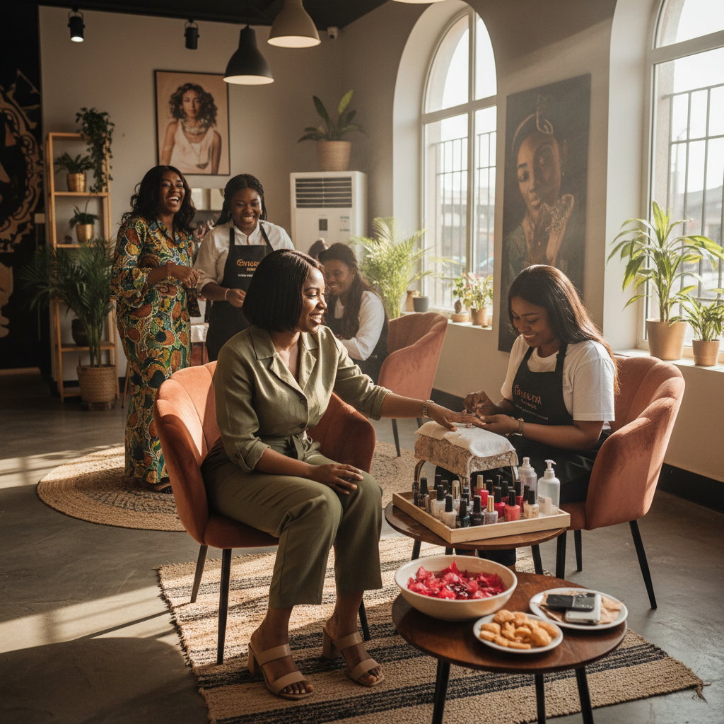 A Nigerian woman smiling while getting her nails done in a modern Lagos salon.