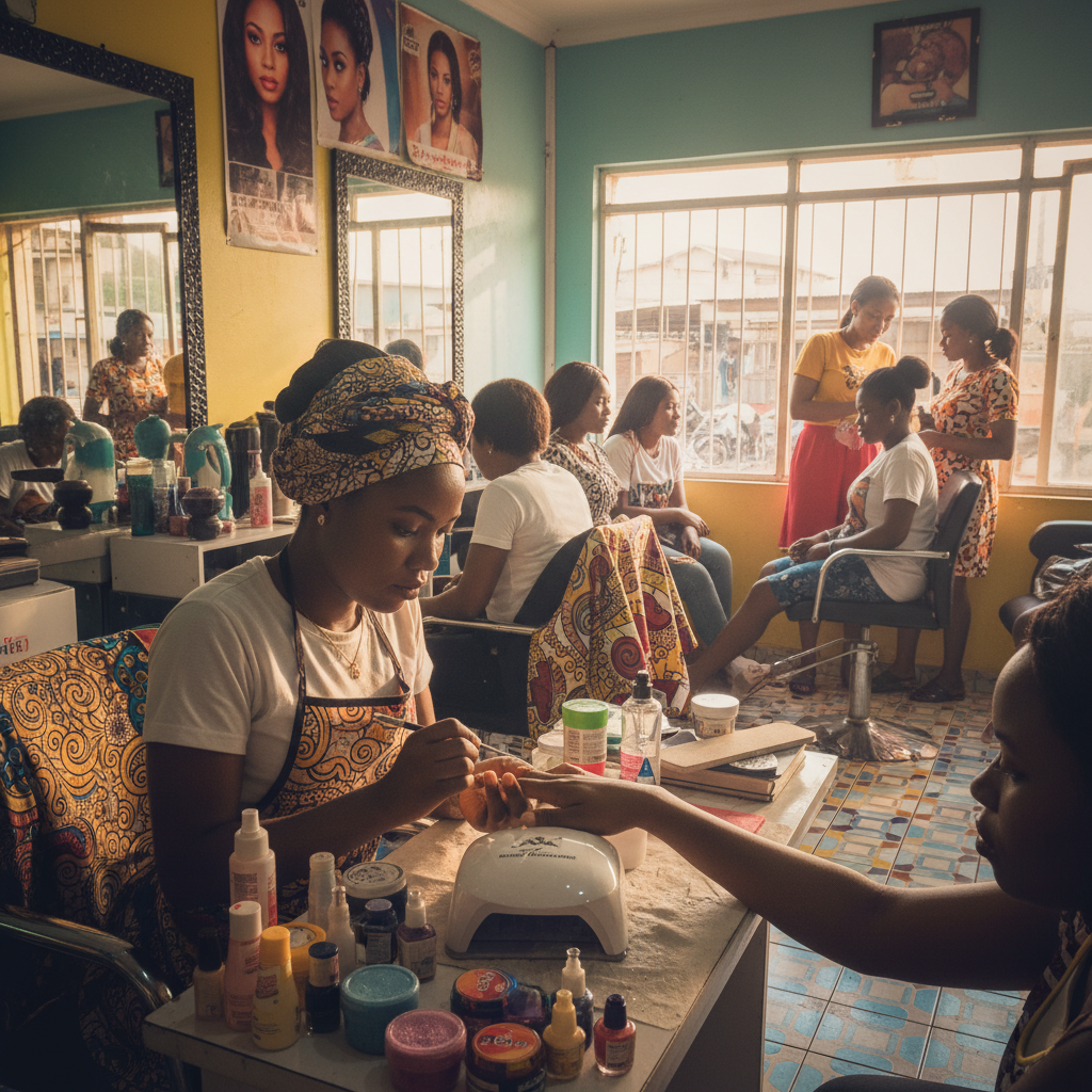 A skilled Nigerian nail technician carefully applying an acrylic nail extension for a client.