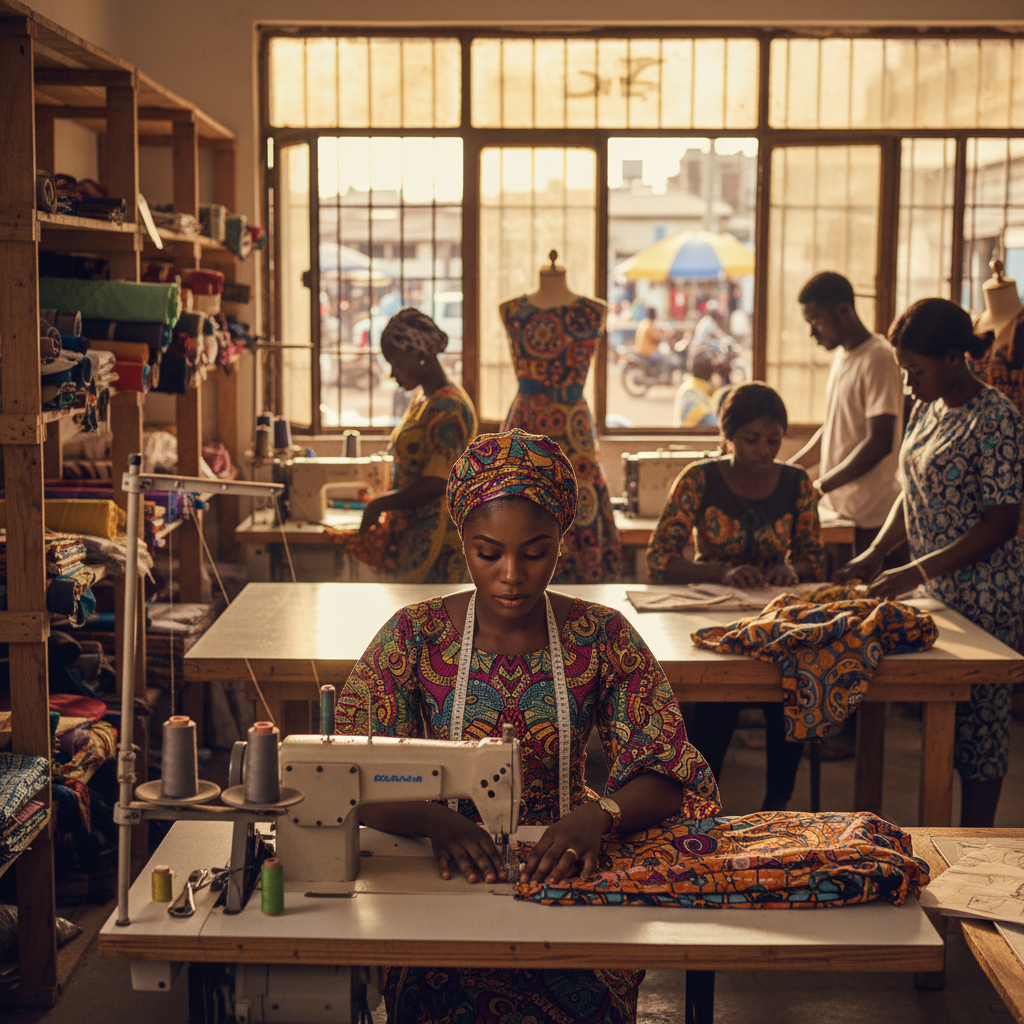 A Nigerian tailor working in her shop, representing a small business that could be funded or grown through better financial planning.
