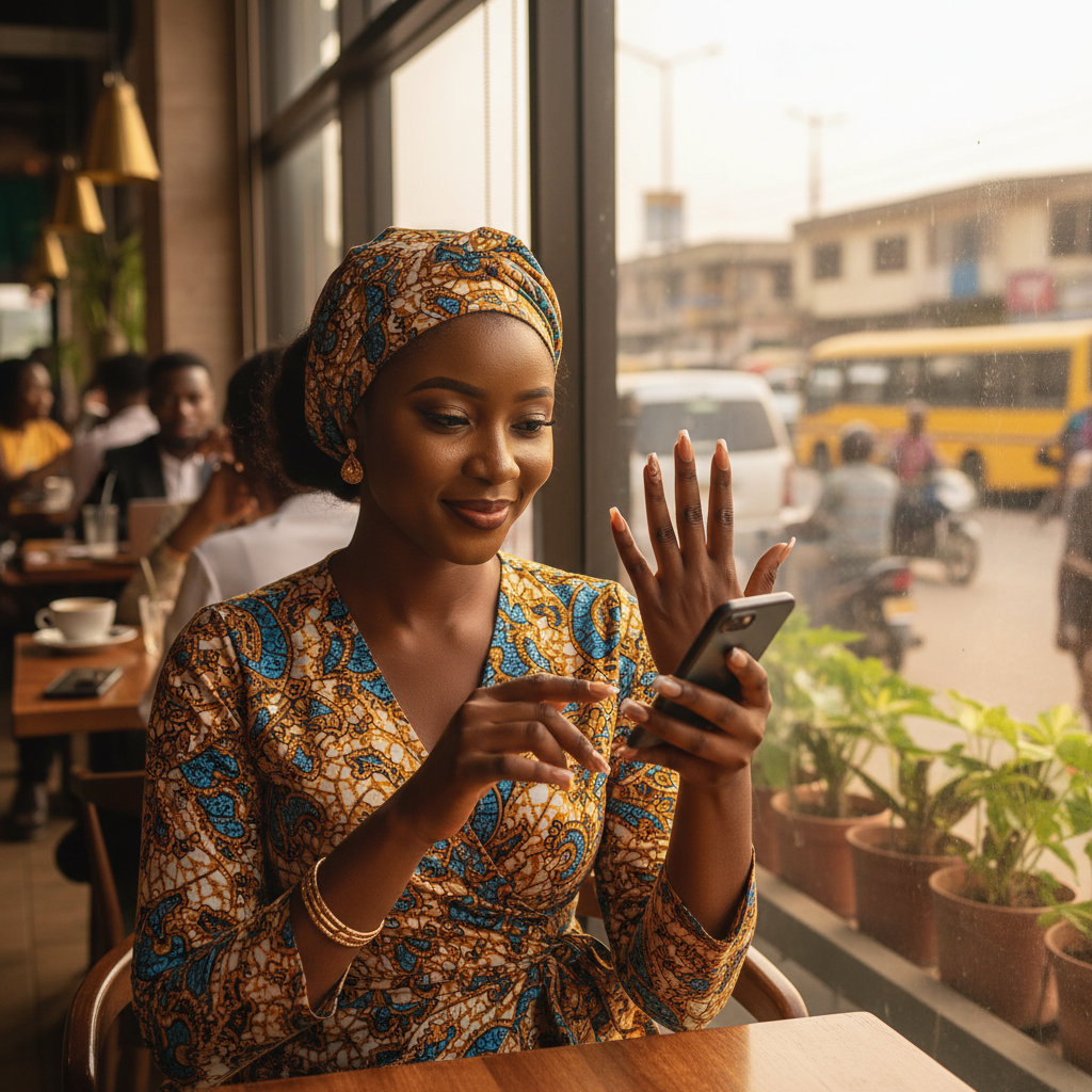 A stylish young Nigerian woman in a Lagos cafe smiling as she looks at her beautifully done nails.
