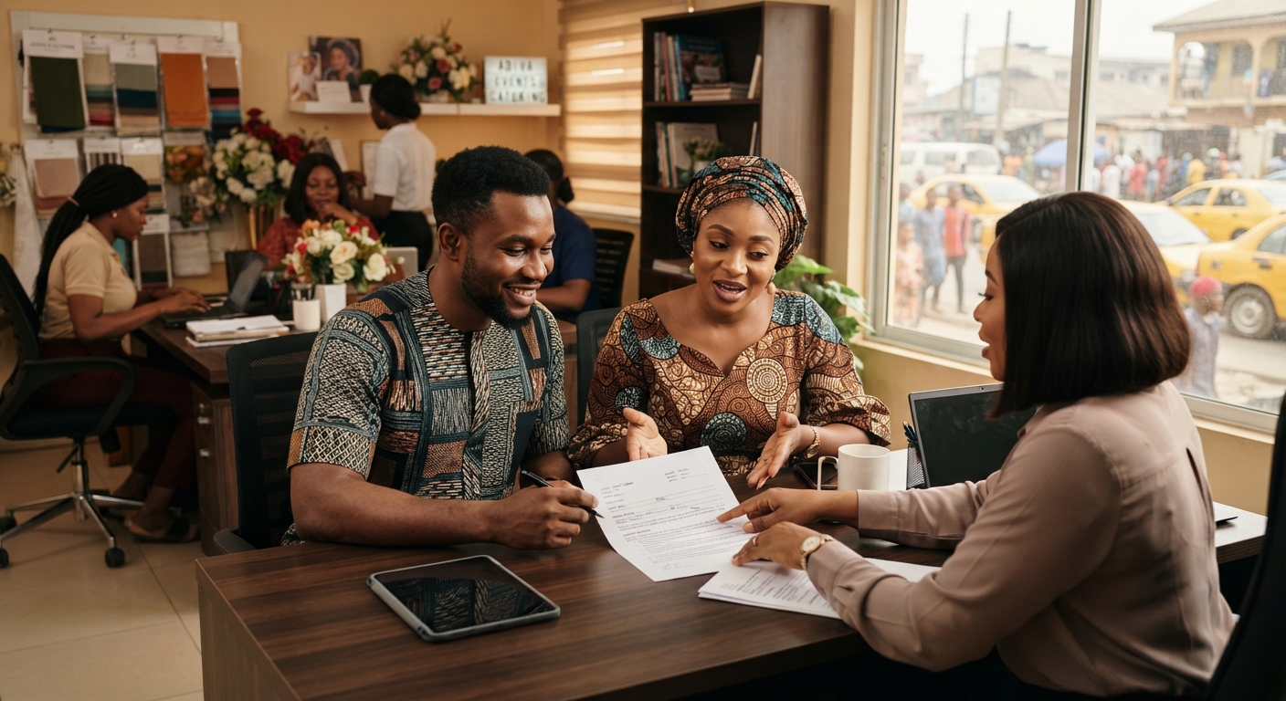 Couple reviewing catering contract details for their wedding