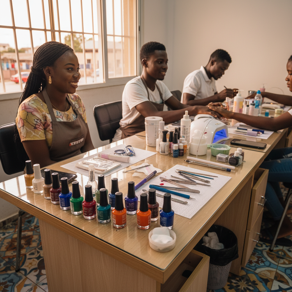 A complete nail technician starter kit including a UV lamp, e-file, and various polishes.