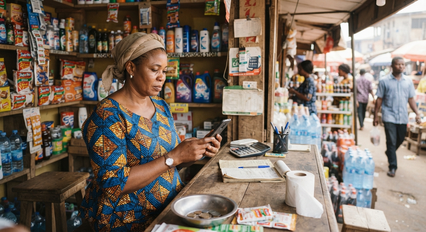 Nigerian shop owner checking their phone for payment notifications