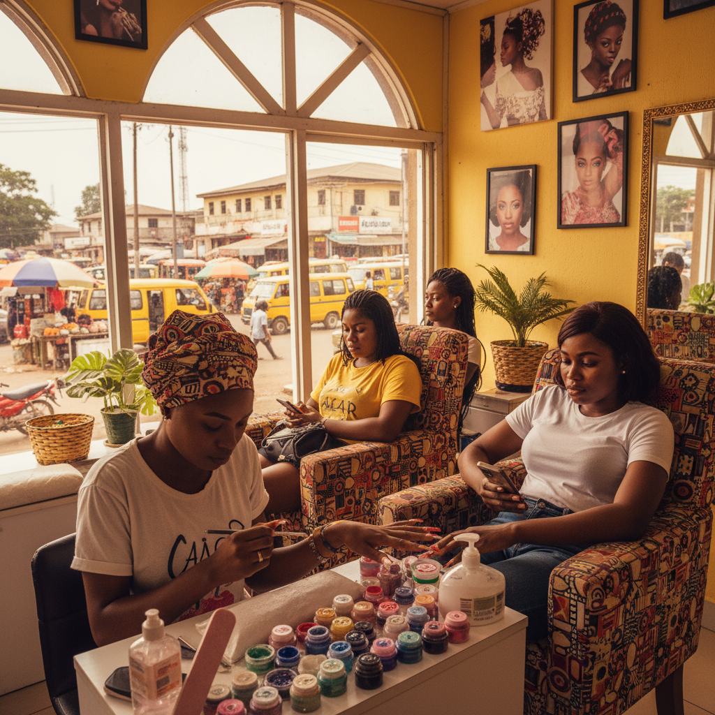 A skilled nail technician carefully applying acrylic powder to a client's fingernail in a well-lit salon in Lagos.
