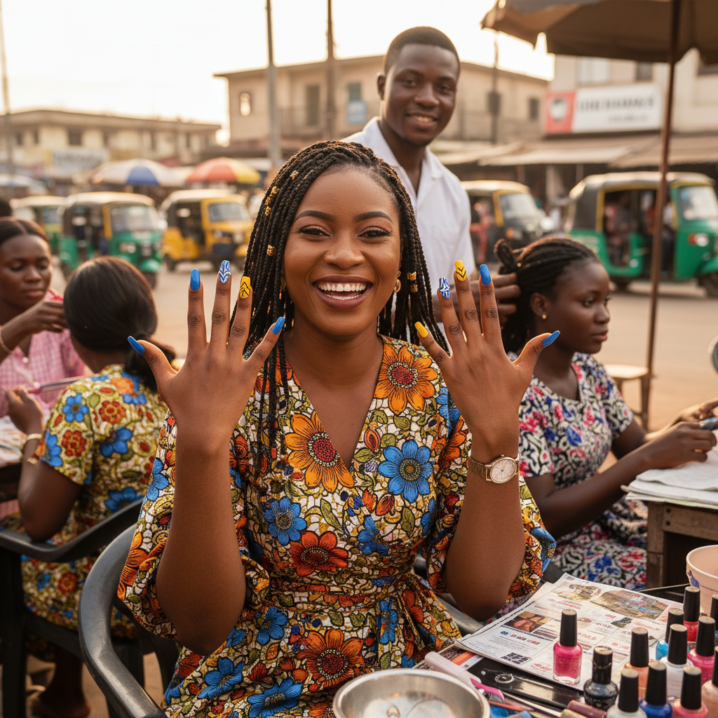 A happy young Nigerian woman smiling and showing off her beautiful, freshly done nails.