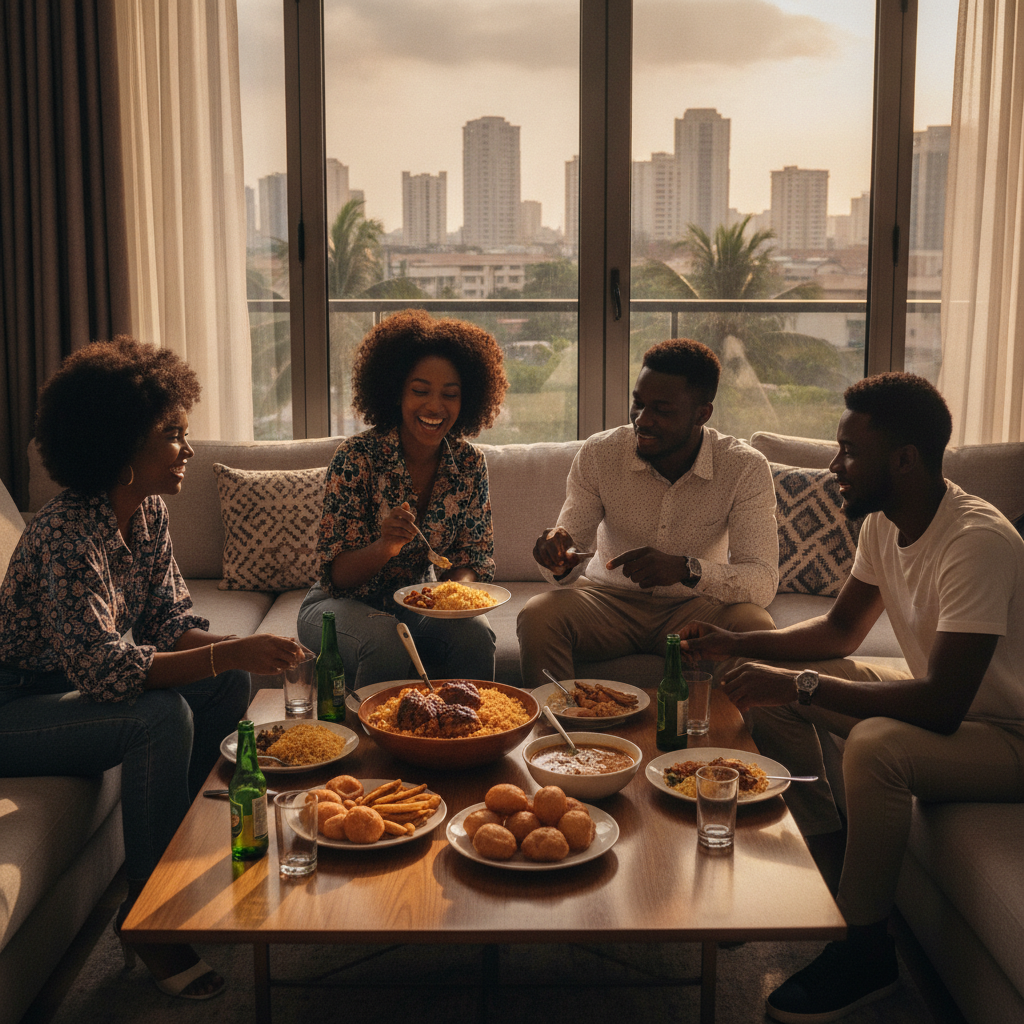 A group of young Nigerians sharing a meal in a well-lit apartment kitchen.